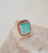 Load image into Gallery viewer, Square Turquoise Vintage Gold Plated Ring With Rhinestones
