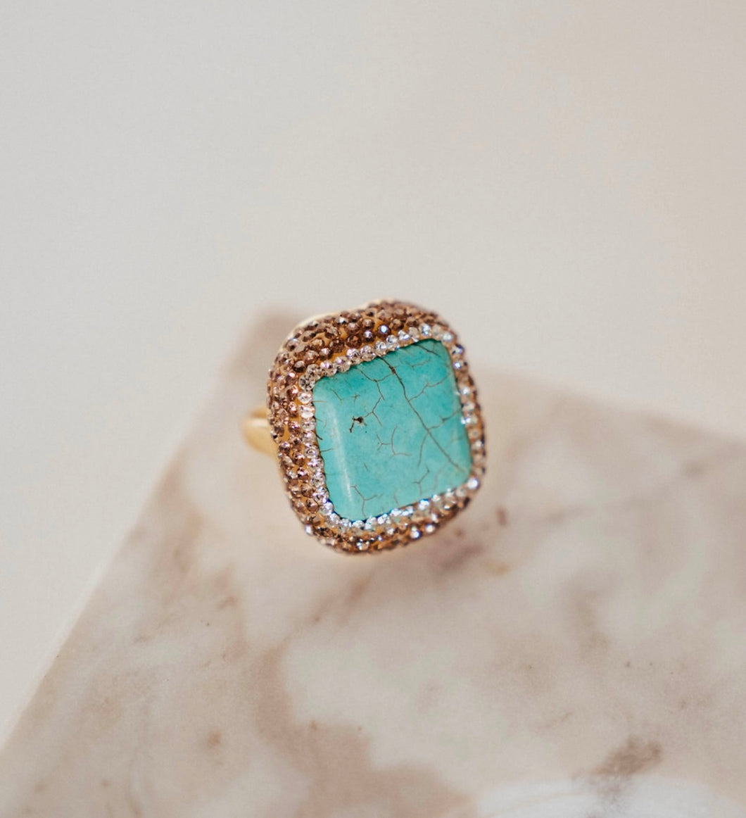 Square Turquoise Vintage Gold Plated Ring With Rhinestones